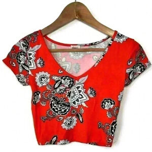 Garage Women’s  Paisley Orange V-Neck Summer Vacation Cute Crop Top Small
